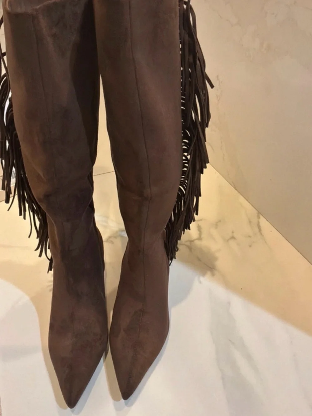 Over-the-Knee Fringe Suede Boots in Brown